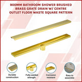 900mm Bathroom Shower Brushed Brass Grate Drain w/ Centre outlet Floor Waste Square Pattern V63-844701