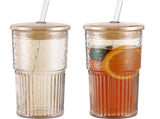2PCS Ribbed Glass Tumblers, 22oz Amber Drinking Cups with Straws and Lids, Borosilicate Glassware V1369-AZ3-W-08851