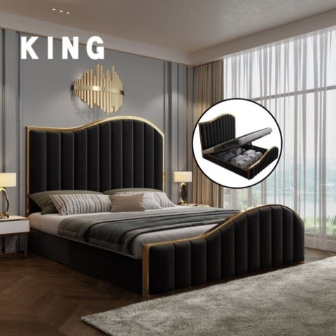 King Size Elegant Luxury Bedframe with Gas Lift Storage Charcoal Velvet Fabric Golden Trim V357-BFRAME-STARSHINE-K-BK-ABC