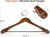 TOPIA HANGER Wide Shoulder Wooden Hangers, Suit Hangers with Non Slip Pants Bar & 360&deg Swivel Hook, V1258-DP02-F-218
