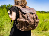 Retro Waxed Canvas Backpack, Crazy Horse Leather Large Capacity, Waterproof Outdoor Travel, V1232-FBSJB-003