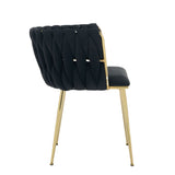 Set of 2 Velvet Upholstered Woven Dining Chairs with Golden Metal Legs, Black V1127-AU-DC01-BLK