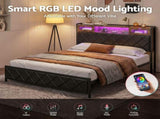 Artiss King Bed Frame with LED Lights and Storage Headboard Charging Station BFRAME-J-MEL-K-BK-AB