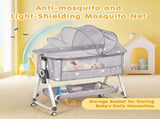 3-in-1 Grey Baby Bassinet Bedside Crib with Adjustable Height, Mosquito Net & Storage Basket V178-59241