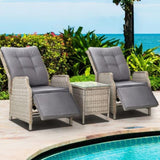 Gardeon 3PC Recliner Chairs Table Sun lounge Outdoor Furniture Wicker Adjustable Grey ODF-RCL-RW-FT-3GE