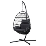 Gardeon Outdoor Egg Swing Chair Hanging Chair Wicker Rope Pod Stand Foldable Grey HM-EGG-ROPE-XD-GREY