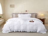 White Elegant Ruffle Seersucker Duvet Cover with 2PCS Pillow Shams - 3-Piece Vertical Stripe Clipped V888-ELOSUNG49360