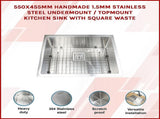550x455mm Handmade 1.5mm Stainless Steel Undermount / Topmount Kitchen Sink with Square Waste V63-817893