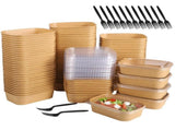 100PCS Disposable Meal Prep Containers, 17oz Thick Kraft Paper Lunch Boxes with Forks & Clear Lids, V1192-AZ-W-18229