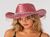 Pink Rhinestone Fringe Cowboy Hat - Sparkling Western Party Hat with Round Gemstone Band and Crystal V888-ELOSUNG57115-3