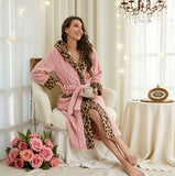 Women's Pink Coral Fleece Hooded Bathrobe with Leopard Print Trim - Soft Plush Wrap Robe with V888-ELOSUNG54472