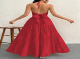Redt XL Size Women's Elegant Halter Maxi Dress Summer Backless V-Neck Sleeveless Long Beach Resort V888-ELOSUNG41129
