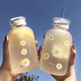 480ml Milk Juice Cute Water Bottle with Scale 2 Lids Little daisy Matte Portable Transparent Water V1192-AZ-W-17054
