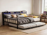 Artiss Bed Frame Double LED Metal Trundle Daybed with Charging Station TURN MBED-D-TURN-D-BK-ABC