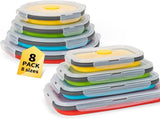Collapsible Food Storage Bowls with Vented Lids, 8 Pieces Set 4 Rectangular & 4 Round Silicone V1188-MS-601-010