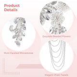 1 Pair White Beaded Rhinestone Applique, Sew-On Epaulettes with Crystal Chain Tassels, Elegant V1369-AZ3-W-08806
