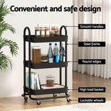 Artiss Storage Trolley Kitchen Cart 3 Tiers Rack Shelf Organiser Wheels Black STR-3T-80-BK