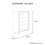 Tallboy with 5 Storage Drawers Solid Acacia Wooden Frame in Silver Brush Colour V43-TBY-SSH