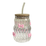 Cute Big Belly Glass Tumbler With Wooden Lid And Reusable Straw Bow Decor Ribbed Household Drinking V1369-AZ3-W-14899