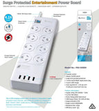 Sansai 8 Outlets & 4 USB Outlets Surge Protected Powerboard Master On/Off switch 1M lead & Right V1202-V2-UPSA-PB4088H