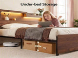 Artiss Double Bed Frame Metal with Charging Station LED Light Storage Shelf MBED-D-ROCK-D-WD-AB
