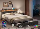 Queen Bed Frame with 2 Storage Drawers and LED Lights Headboard, Upholstered Bed Frame with Charging V1127-AU-2452QN-GRY