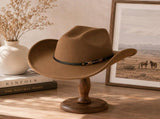 Western Cowboy Hat - Brown Wide Brim Cowboy Hat with Leather-Look Band, Metal Rivet and Square V888-ELOSUNG57114-4