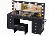 Artiss Dressing Table Charging Station LED Vanity Desk Set Stool Glass Top Make up Mirror Storage FURNI-L-DRESS08-BK-ABC