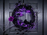 Halloween Rattan Front Door Wreath, 45 x 35 cm with LED Lights, Roses and Flowers, Reusable Hanging V1366-AZ2-W-16042