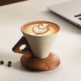 Conical Coffee Cup, Large 250ml Ceramic Mug with Inlaid Wood Handle, Includes Solid Wood Base, Ideal V1366-AZ2-W-23206