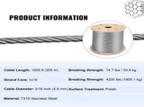 Stainless Steel Cable Railing 3/16" x 1000ft, Wire Rope 316 Marine Grade, Braided Aircraft Cable V952-GSS1X19-4.8MM305MV0