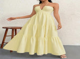 Yellow S Size Women's Elegant Halter Maxi Dress Summer Backless V-Neck Sleeveless Long Beach Resort V888-ELOSUNG41122