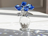Crystal Blue Rose Flower Figurine with Faceted Vase, Decorative Crystal Rose Bouquet with Metal V1192-AZ-W-18351