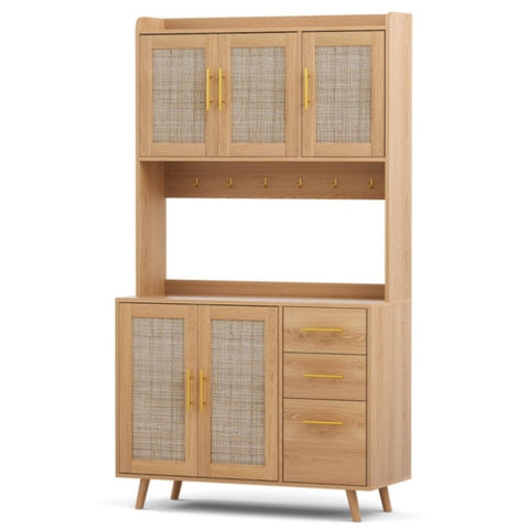 Artiss Buffet Sideboard Hutch Storage Cabinet Kitchen Cupboard Hooks Rattan Pine FURNI-C-RAT-SID180-WD-ABC