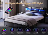 Double Black LED Bed Frame with 2 Storage Drawers and Charging Station V178-59297