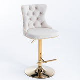 2x Height Adjustable Swivel Bar Stool Velvet Studs Barstool with Footrest and Golden Base- Beige V226-SW1912BG