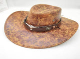 Retro Western Cowboy Hat Khaki Distressed Crackle Finish Bull Head Emblem Wide Brim Sun Protection V888-ELOSUNG44211