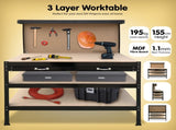 3-layer Steel Work Bench Garage Storage Table Tool Shop Shelf Pegboard Drawer TBL-3LY-WH