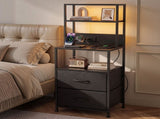 Artiss Bedside Table Tall Nightstand with Charging Station Drawers LED Black FUR-V-BS01-LED-BK