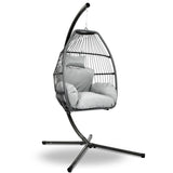 Gardeon Outdoor Egg Swing Chair Wicker Rope Furniture Pod Stand Cushion Grey HM-EGG-ROPE-S-GREY