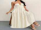 Apricot M Size Women's Elegant Halter Maxi Dress Summer Backless V-Neck Sleeveless Long Beach Resort V888-ELOSUNG41119