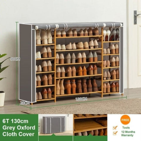 Grey Cover Six Tier Oxford Cloth Covered Tower Bamboo Wooden Shoe Rack Boot Shelf Stand Storage V255-B-130-GR