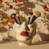 Sculpted Hands Vanity Brush Holder "Goddess Embrace" Resin Organizer with Red Lips Accent/1 Piece V1106-HZSZSNH001