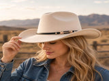 Western Cowboy Hat - Beige Wide Brim Cowboy Hat with Leather-Look Band, Metal Rivet and Square V888-ELOSUNG57114-6