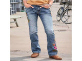 Women'S Floral Embroidery Mid Waist Mid Stretch Bootcut Jeans with Pockets Blue M V1192-AZ-W-20810