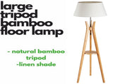 LARGE BAMBOO TRIPOD FLOOR LAMP Linen Shade Modern Light Vintage Wooden Scandi V563-BR-75099