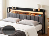 Artiss Queen Headboard Charging Station Storage LED Light Grey Upholstered BED-HEAD-ZAK-Q-BK