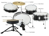Karrera Mini 4-Piece Children Drum Kit Set Wooden with 2 Toms Bass Pedal Snare Stool Metallic B 4PC-DRUM-BLK