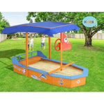 Keezi Kids Sandpit Wooden Boat Sand Pit with Canopy Bench Seat Beach Toys 150cm SAND-JUMBO-CANOPY