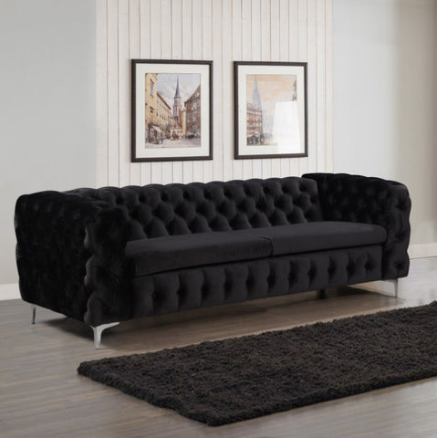 3 Seater Sofa Classic Button Tufted Lounge in Black Velvet Fabric with Metal Legs V43-SOF-JAQS3SBL